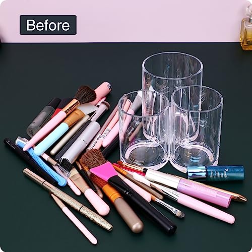 Image of MOSIKER Makeup Brush Holder,Acrylic Clear Round Remote Control Pen Pencil Hair Nail Brush Comb Organizer with 3 Slots
