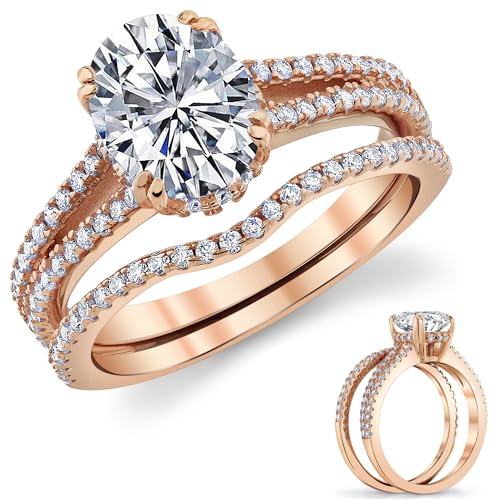 Metal Masters 2.5Ct Oval Moissanite Bridal Set Under Halo Engagement Ring 18K Rose Gold over Silver