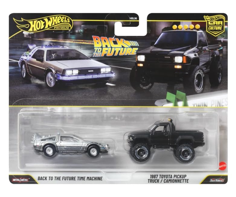 Hot Wheels Premium Car Culture - Back to the Future Time Machine & 1987 Toyota Pickup Truck - 1:64 Scale Diecast Toy Vehicles