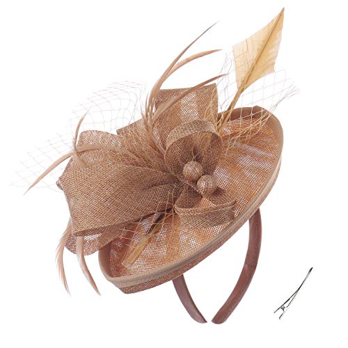 FELIZHOUSE Fascinators for Women Tea Party Hat Headband Derby Wedding Church Bridal Cocktail Feathers Hair Clip, #2 Khaki, One size