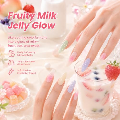 Image of Beetles Fruity Milk Jelly Gel Nail Polish Set - 6 Colors Spring Pastel Gel Polish Kit Pink Purple Blue Peach Nude Green Yellow Sheer Translucent Effect Soak Off UV Nail Art Manicure Gift for Women