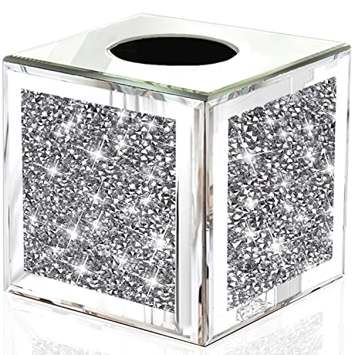 Wocred Square Mirrored Tissue Box Cover,Crystal Crushed Diamond Tissue Box,Silver Luxury Tissue Holders for Either Tissues in a Bathroom or Napkins on a Table.(5.5”x5.5”x5.5”)
