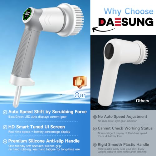 Image of DAESUNG Electric Spin Scrubber, Cordless Power Scrubber & Electric Cleaning Brush with 7 Replaceable Heads, Dual Speed IPX7 Waterproof Handheld Scrubber for Bathroom, Shower & Tile Cleaning