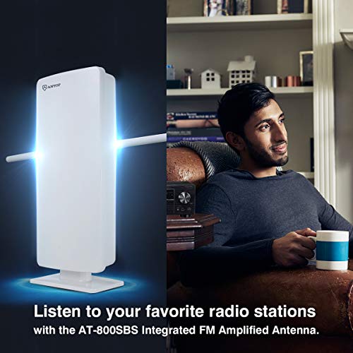 ANTOP HDTV & FM Amplified Antenna 85 Miles AT-800SBS with Dual Outputs Smart Boost System, Support TV and Second Device-FM Stereo, a Second TV or Any OTA-Ready Streaming Device or Projector