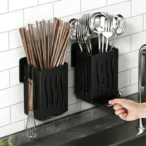 Image of Multifunctional Kitchen Utensil Rack Draining Chopstick Holder Wall-Mounted Freestanding Cutlery Storage Box (Black)