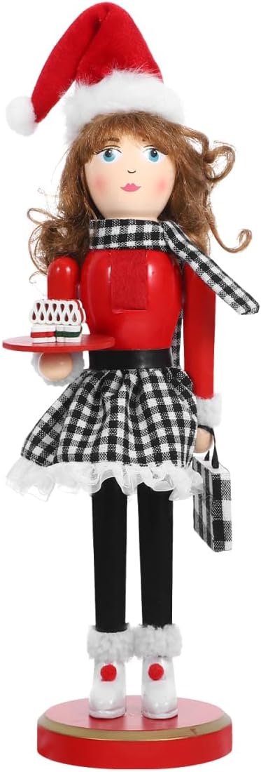Wooden Nutcracker Decor Christmas Lady Holding Dessert Nutcracker Ornament 15 Inch Traditional Christmas Figure Table Decor for Holiday Home and Mantel