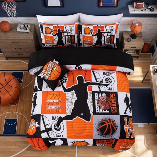 A Nice Night Sports Geometric Grid Baseketabll Patchwork Baskeball Printed for Boys Twin 6Pcs Bed in A Bag Comforter Bedding Set Orange