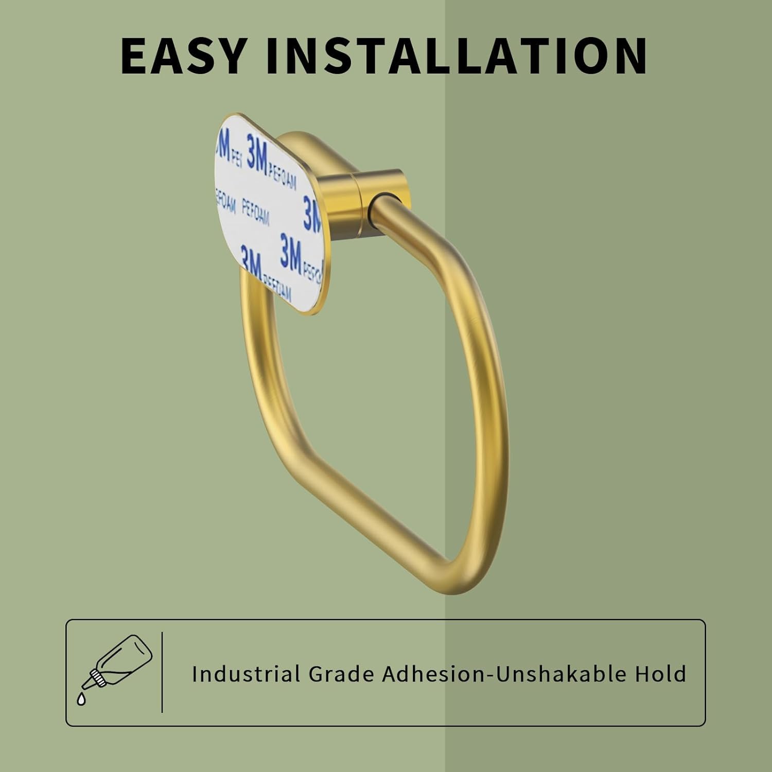 Oslen Self Adhesive Towel Holder for Bathroom Gold Finish No Drill Hand Towel Ring Stainless Steel and Zinc Alloy Self Adhesive Towel Hanger for Bath, Kitchen 3