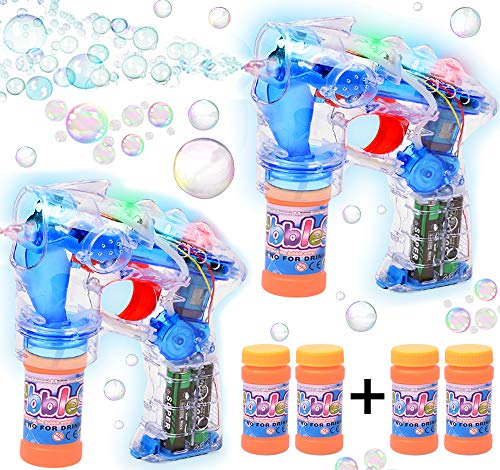 Haktoys 2-Pack Transparent Bubble Shooter Gun | Ready to Play Light Up Blower with LED Flashing Lights, Extra Bottle, Bubble Blaster Toy for Toddlers, Kids, Parties (Sound-Free, Batteries Included)
