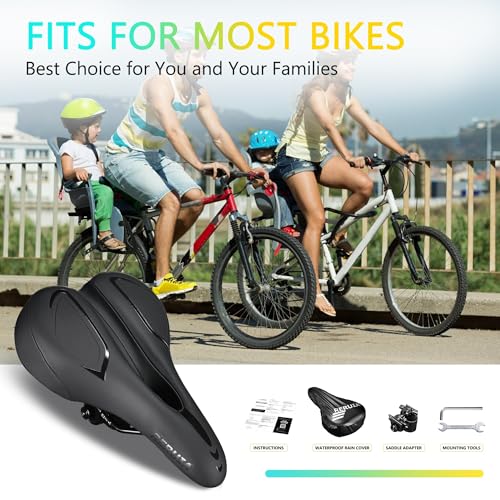 RERUIA Comfortable Bike Seat with Light - Comfy Bike Saddle Shock Absorbing, Soft Memory Foam Padded Bicycle Seat Waterproof, Universal Replacement Cycling Cushion for Men Women Mountain Road Bikes