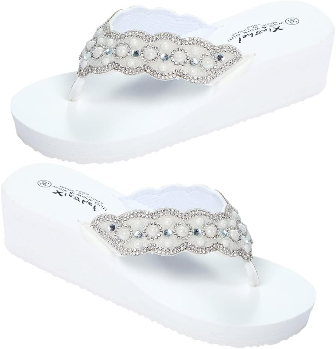 Levemolo 1 Pair Women Non Beach Sandals with Pearl and Diamond Decoration White Slipsole Shoes