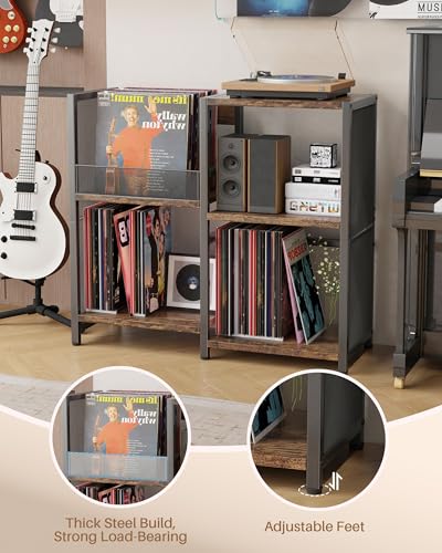 Ornestia Plattenspieler-Ständer mit Stauraum für Vinylplatten, Vinyl Aufbewahrung Metall Regal bis zu 200+ Alben, 3 Etagen Tisch für Wohnzimmer, Holz Schallplatten Schrank, Record Player Stand