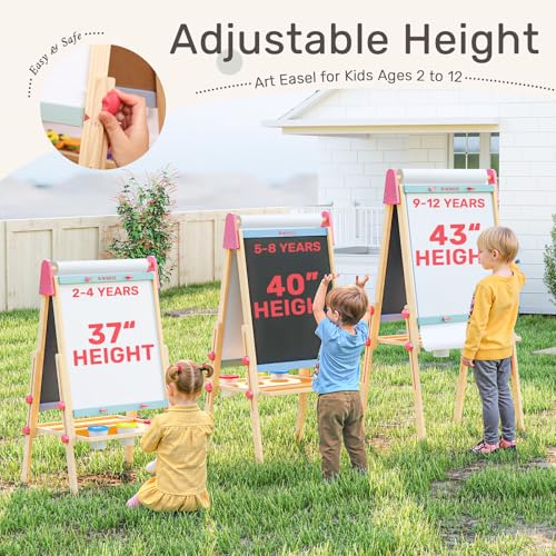 Image of WINGYZ 3-in-1 Art Easel for Kids - Sturdy Pine Wood Easel with Magnetic Whiteboard, Chalkboard & 400 inch Paper Roll, Foldable Adjustable Heights for Ages 2-12, Complete Tool-Free Art Station