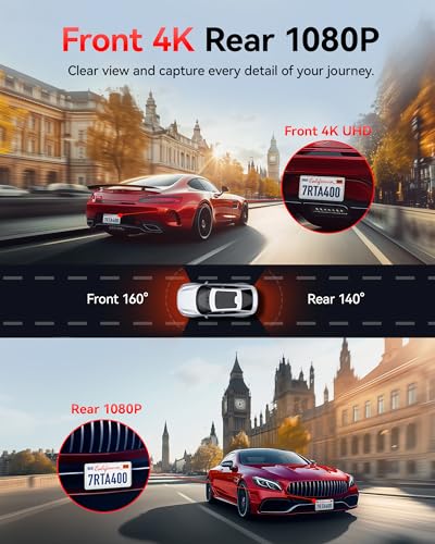 Image of REDTIGER 4K+1080P Front and Rear Dash Cam for Car, 5.8GHz WiFi APP, GPS, 2.2''Mini Touch Screen, Voice Control, Built-in 64GB Card, Loop Recording, 24H Parking Mode(A4)