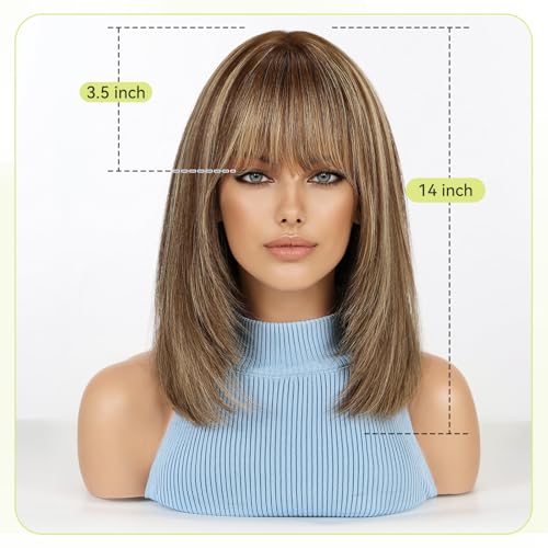 Image of RSY 14 Inch Ombre Brown Mixed Blonde Straight and Layered Real Human Hair Wigs for Women with Bangs