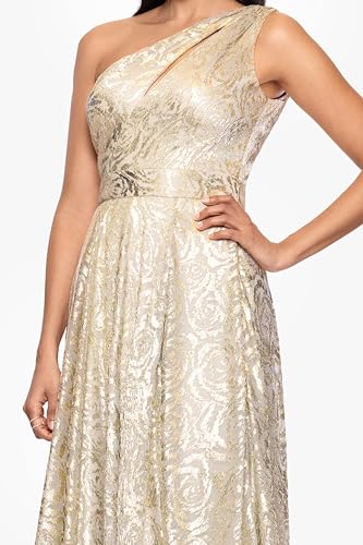 Image of Betsy & Adam Women's Floor-Length, One-Shoulder, Wrap, Foil, Floral Gown, Champagne /Gold, 8