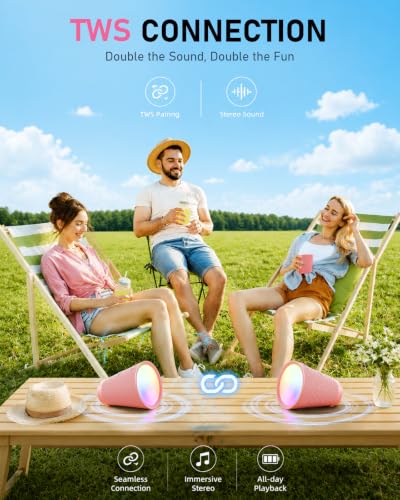 Image of Portable Bluetooth Speaker Wireless with 9 Color Lights, 20H Playtime, Stereo Pairing, Deep Bass, IPX6 Waterproof, Bluetooth 5.3, Small Speaker for Home, Party, Outdoor, Camping