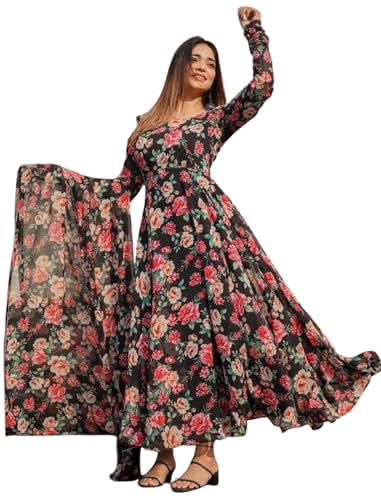 Image of Modestouze Attires Women's Floral Georgette Kurta Set with Dupatta | Round Neck Full Sleeve Fit Flared Anarkali Kurti