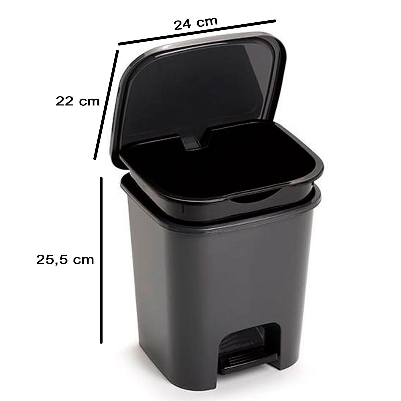 Acan Tradineur - Cubo de basura con pedal, plástico, papelera, oficina, cocina, baño, fabricado en España (Negro - 7,5 litros - 25,5 x 24 x 22 cm)