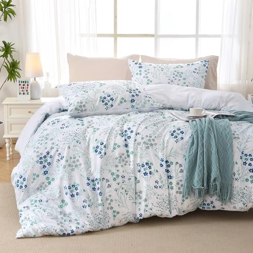 MUXHOMO Duvet Cover Queen Size, Reversible Floral Vintage Duvet Cover Set with Zipper Closure, 3 Pieces Botanical Patterns Soft Microfiber Bedding Set (90"x90", 2 Pillow Cases, Small Blue Flower)