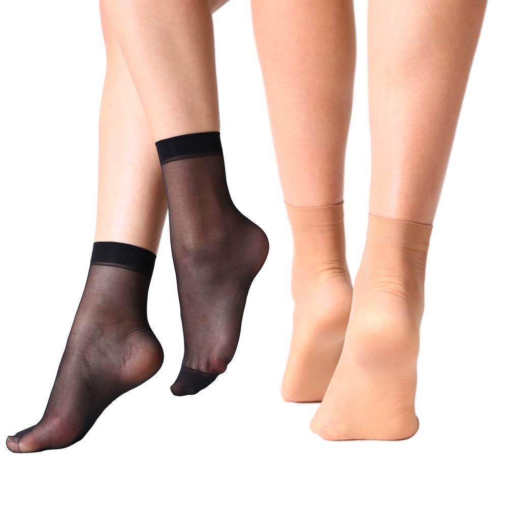 MANZI 12 Pairs Nylon Pantyhose Socks Ankle Sheer Hosiery, Natural/Black, One Size - Image 5 thumbnail