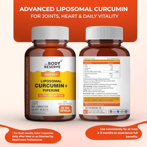 Image of The Body Reserve Liposomal Curcumin Capsules, 500mg with Piperine, Anti-Inflammatory Supplement for Adults Pure Turmeric Extract for High Absorption Joint & Heart Health Support - 60 Caps