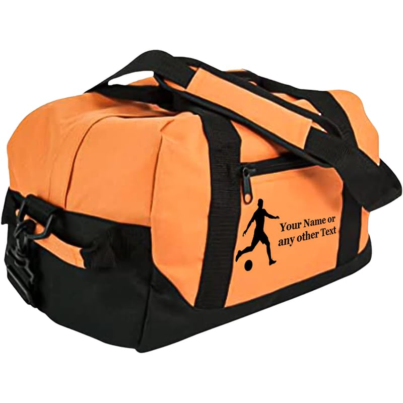 Personalized Passion 14” Small Sports Duffel Bags for Kids - Waterproof Travel Duffle with Name & Soccer Design - Orange Two-Toned Kids Weekender Bag