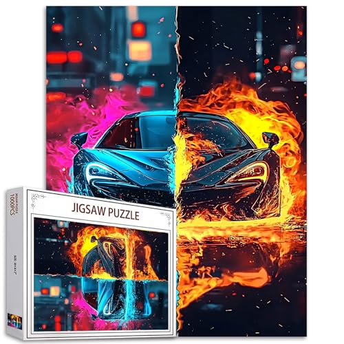 Fire Car 1000 Piece Jigsaw Puzzles für Erwachsene Auto in Neon Blau Malerei Jigsaw Puzzle Auto in Flamme Rot Puzzle herausfordernde Familienaktivität Kunst Stadtbild Puzzle Decor Fahrzeug Geschenke