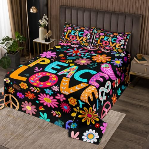 Manfei Watercolor Daisy Flowers Kids Bedspread King Size,Floral Leaf Botanical Plant Coverlet Set,Boys Girls Room Decor,Peace Sign Love Quilted Coverlet,Bright Romantic Bedding Quilt,2 Pillowcases