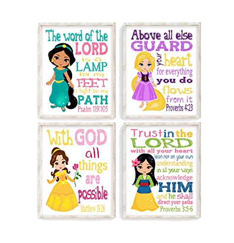 Princess Christian Nursery Decor Set of 4 Unframed Prints, Rapunzel, Jasmine, Belle and Mulan with Bible Verses
