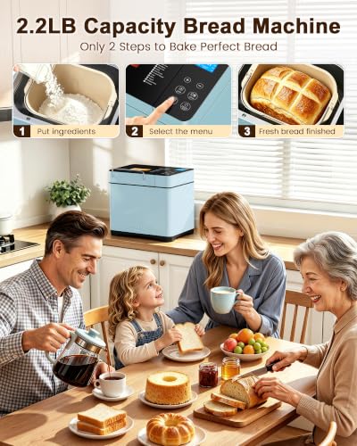 Image of KBS Blue Bread Maker, 2.2LB Smart Bread Machine with Healthy Ceramic Pan, Touchscreen, Auto Nut Dispenser, 17 Automatic Programs, Gluten Free, Sourdough, Dough, Yogurt&Jam, 15H Timer, Stainless Steel