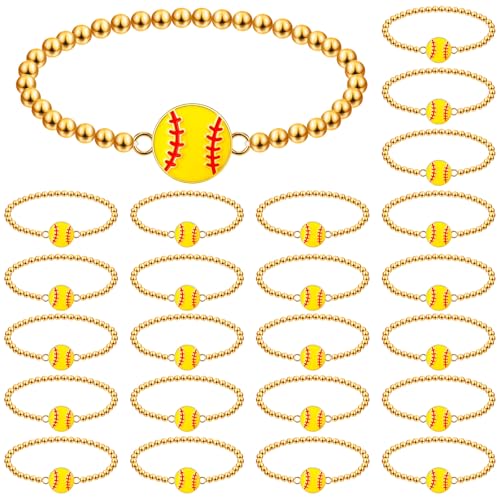 Tondiamo 24 Pcs Cheer Baseball Softball Soccer Basketball Football Tennis Bracelets Gifts Bulk Beaded Stretch Bracelets Charm Gifts Sport Jewelry Party Favors Supplies(Gold Alloy Softball)