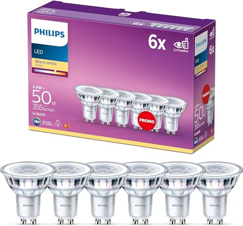 Philips LED Classic Light Bulb 6 Pack [GU10 Spot] 4.6 W - 50 W Equivalent Warm White (2700K) Non Dimmable Standard Range