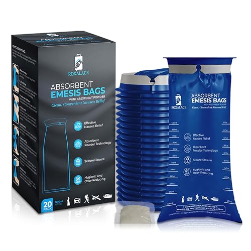 ROXALACE® Emesis Bags with Absorbent Powder for Nausea and Vomiting Relief - 20 Pack 1200ml, Travel-Friendly, Hygienic Solution for Motion Sickness, Morning Sickness, Caregiving, and Emergencies
