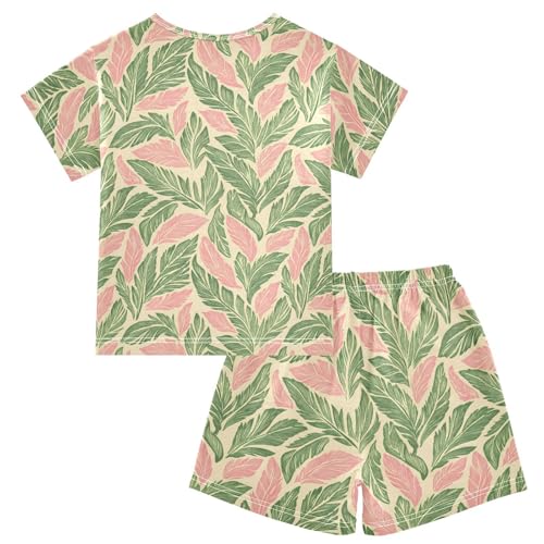 Pajama Sets Pink and Green Leaves Short Sleeve Summer Sleepwear 2 Piece Pjs2