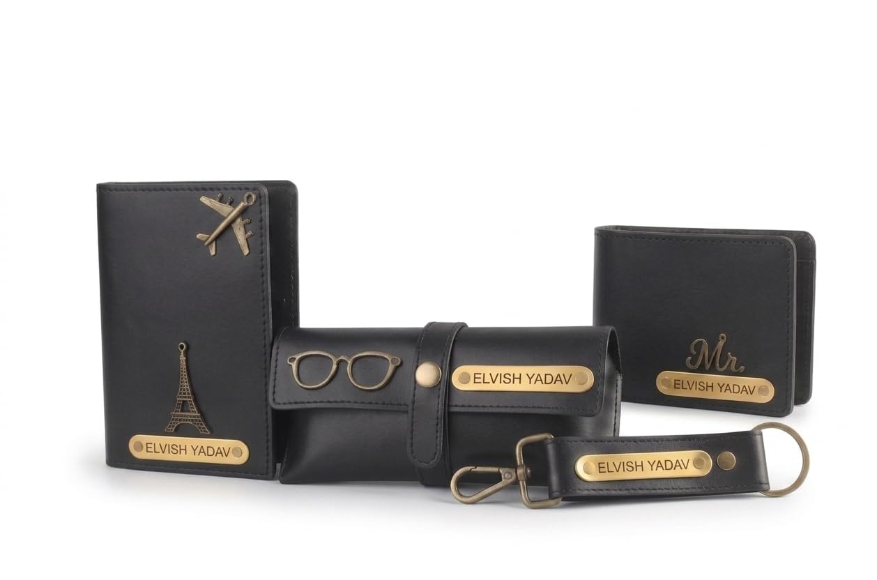 Personalised Complete Combo for Men | Wallet, Passport Cover, Eyewear Case & Keychain Set with Name & Charm | Premium Gift Box for Birthday, Anniversary & Special Occasions (Black)-image-46