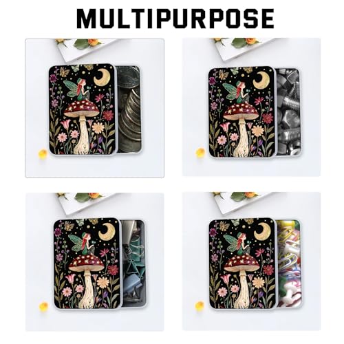 Image of Metal Tin Box with Lid for Game Cards Home Organizer Candles Keys Crafts Storage - Equipped with 4 Magnetic Cord Clips,Mushroom Fairy and Moon