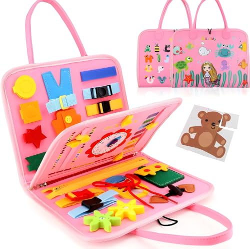 Image of Cable World Montessori Busy Board for Toddlers 2-5 Years, 25+ Learning Activities, Sensory Travel Toy, Quiet Book with Alphabet, Clock, Calendar, Jigsaw Puzzle, Fine Motor Skills Dino Theme - Pink