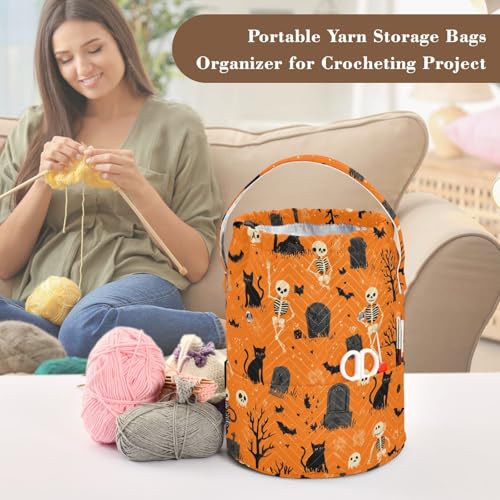 Image of ElliTarr Crochet Bag Yarn Bag with Handle Portable Knitting Project Bag Travel Yarn Storage Organizer Holder Case Halloween Orange Skeletons Cat Bats Tombstones Trees