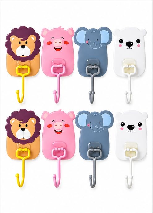 Image of Wall Mounted Cartoon Hooks 10Pc - Self-Adhesive, Cute Kid-Friendly Animal Design, Heavy Duty Multipurpose Sticky Hangers for Nursery, Kids Room, Bathroom & Kitchen