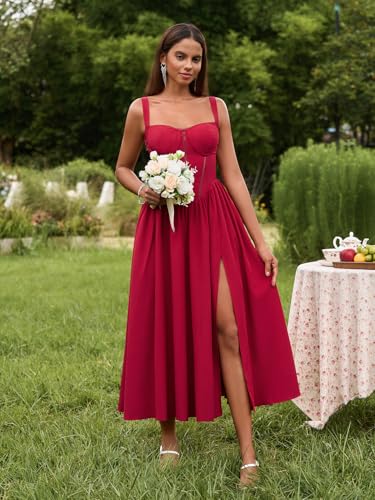 Image of KUTUMAI Floral Corset Midi Dress Flowy Slit Summer Spring Wedding Guest Dresses for Women Sundress with Pockets