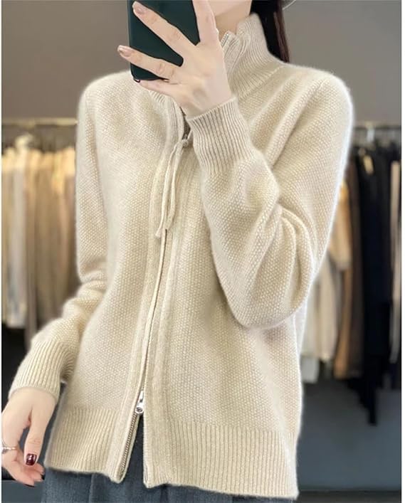 Women's Wool Knitting Sweater Turtleneck Zipper Cardigan, Full Zip Mock Neck Thick Warm Wool Sweater for Women2