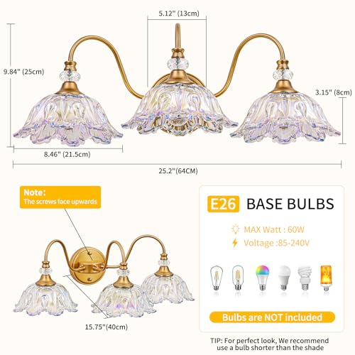 Image of Vintage Bathroom Vanity Light, 3-Light Matte Brass Finish Vanity Light with Flower-Shaped Rainbow Glass Shades, Retro Wall Sconce for Bathroom