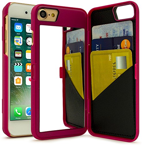 Bastex iPhone 7 Case, Hot Pink Hidden Back Mirror Wallet Case with Stand Feature and Card Holder for Apple iPhone 7