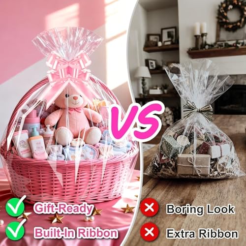 Image of PigPotParty Cellophane Bags for Gift Baskets, 30x40 in, 10 Pack, Pink Bows | Thick clear OPP holds shape; seamless bottom resists tears; easy-to-use large pull bows save time and add a polished finish