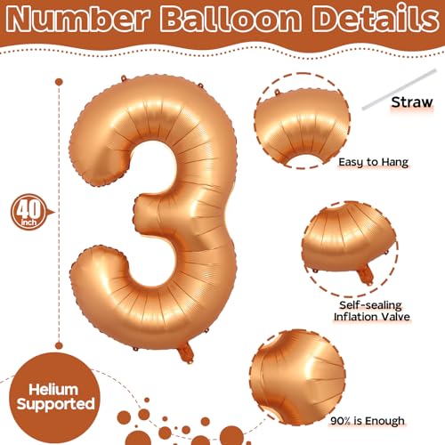 Image of 3rd Birthday Number Balloons for Girls, 40 Inch Foil Self Inflating 3 Balloons Decor, Helium Large Mylar Orange Number 3 Balloon for Kids Birthday Anniversary Celebration Party Decorations Supplies