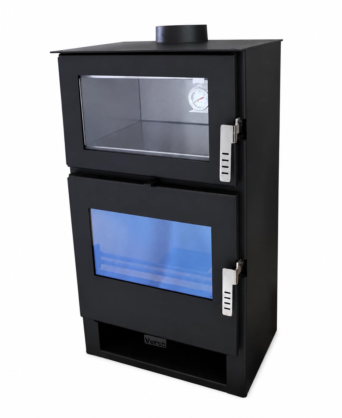 Verso F - Estufa de leña con estufa de acero inoxidable de 9 kW, 81,2% de alta eficiencia, chimenea de cocina y calefacción, horno de acero inoxidable con termómetro, placa superior de acero (sin