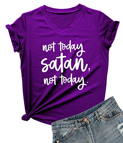 Danvouy Women Not Today Satan V-Neck Graphic T-Shirt Casual Tops Tees Purple Xx-Large #TOP30