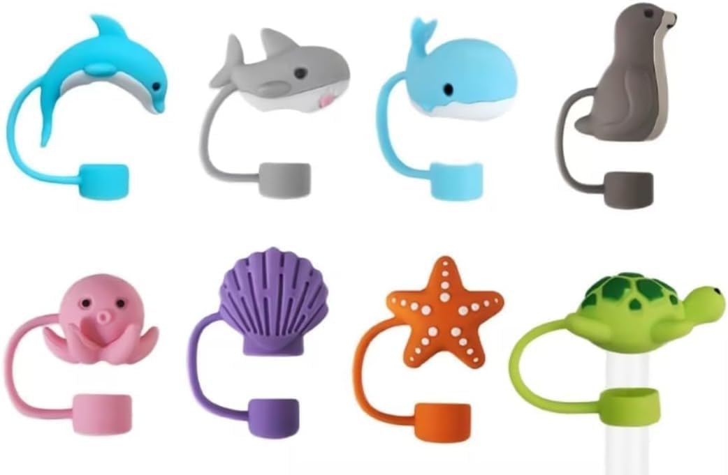 2 tapas de popote, lindas tapas de silicona para popote, dispensadores de pajitas para taza Stanley, popote reutilizable a prueba de polvo (pulpo rosa y tiburón gris) (ZS040)