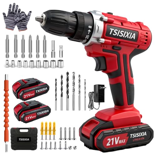 Power Drill Driver 21V, 45Nm Cordless Drill Set with 2 Batteries and Charger, 39pcs Screw Accessories, 354 in-lbs Electric Screwdriver, Electric Drill for Women, Men, Home performance, DIY (Red)